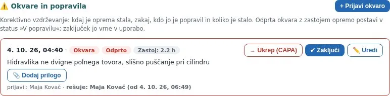 Zavihek Okvare in popravila: odprta okvara viličarja z zastojem 2,2 h, gumbi Ukrep (CAPA), Zaključi in Dodaj prilogo ter vrstica, kdo okvaro rešuje