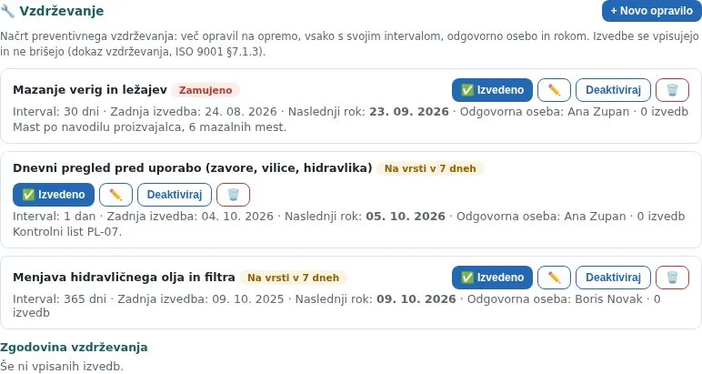 Zavihek Vzdrževanje pri viličarju: tri opravila z intervali, roki, odgovornimi osebami in stanji Zamujeno oziroma Na vrsti v 7 dneh