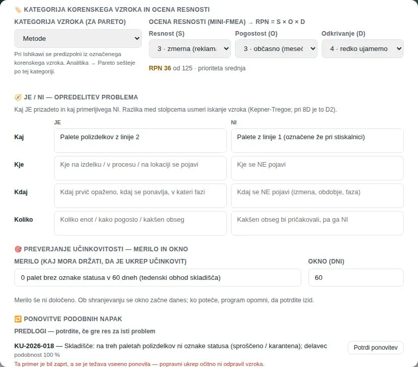 Kategorija korenskega vzroka, ocena RPN, tabela Je/Ni, merilo učinkovitosti z oknom 60 dni in predlogi podobnih ukrepov