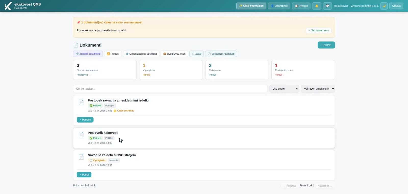 The Documents module in the E-KAKOVOST platform: a list of documents with the statuses Approved, In review and Draft and a notice about which document is waiting for approval
