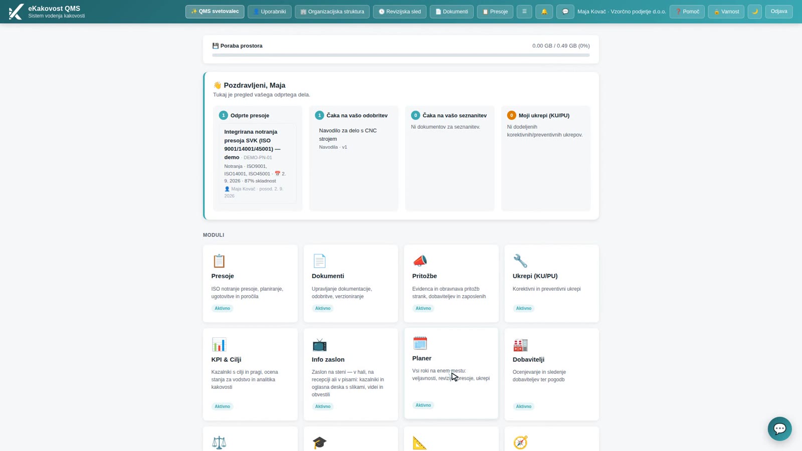 The E-KAKOVOST platform home screen: an overview of open work (audits, documents for approval, actions) and the grid of modules